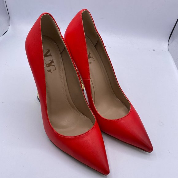 A NUYG red pointy toe gold chain chunky pumps heels shoes - Picture 4 of 10